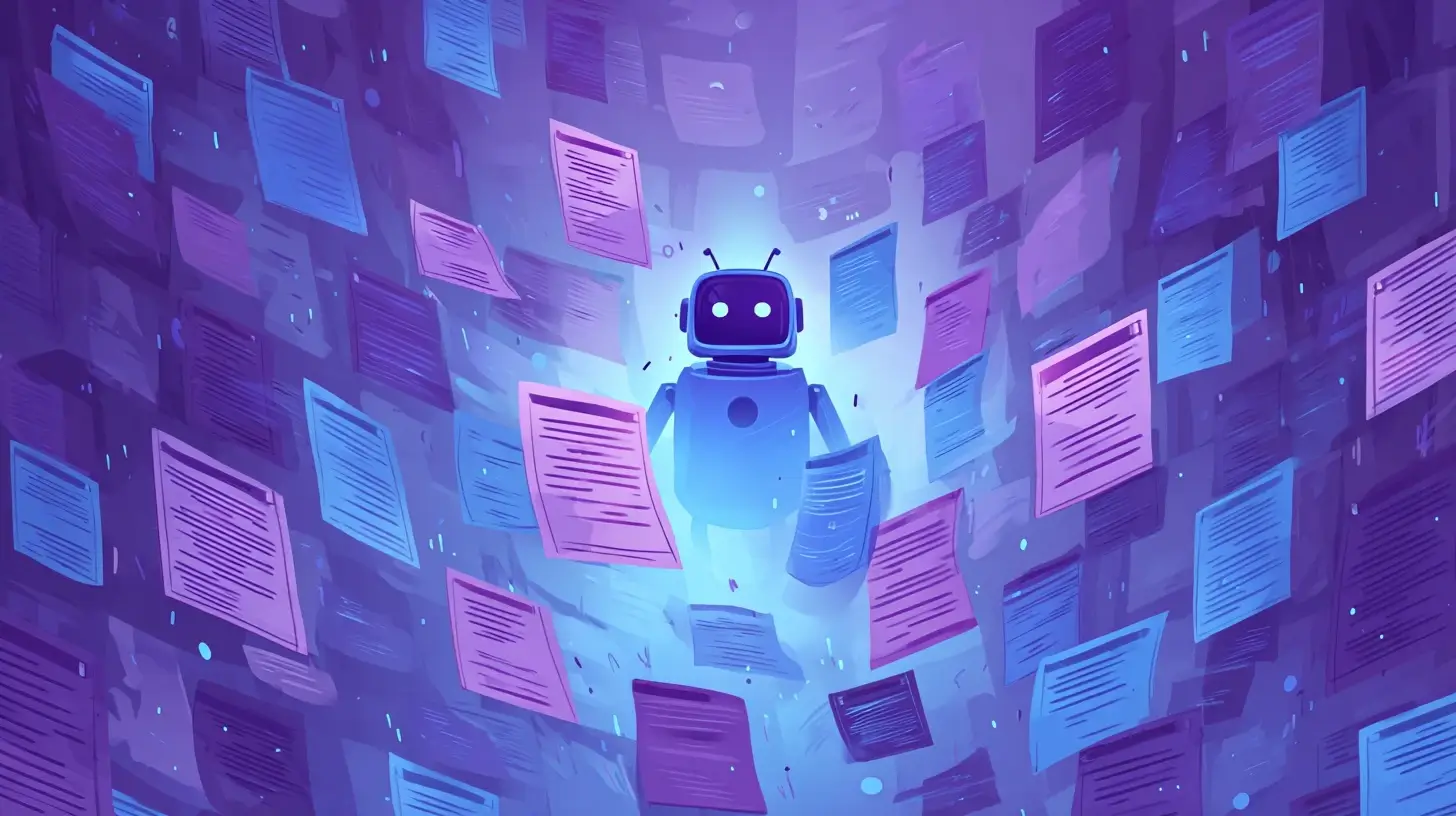 Glowing AI customer service chatbot surrounded by floating support tickets in purple and blue neon lighting