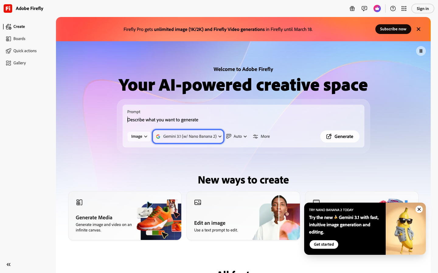 Adobe Firefly interface showing commercially safe AI image generation