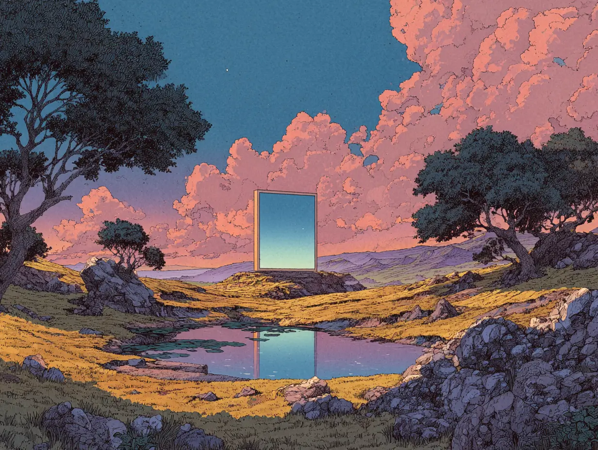 Illustrated landscape with a glowing portal reflecting in a pond at sunset — representing AI image generation