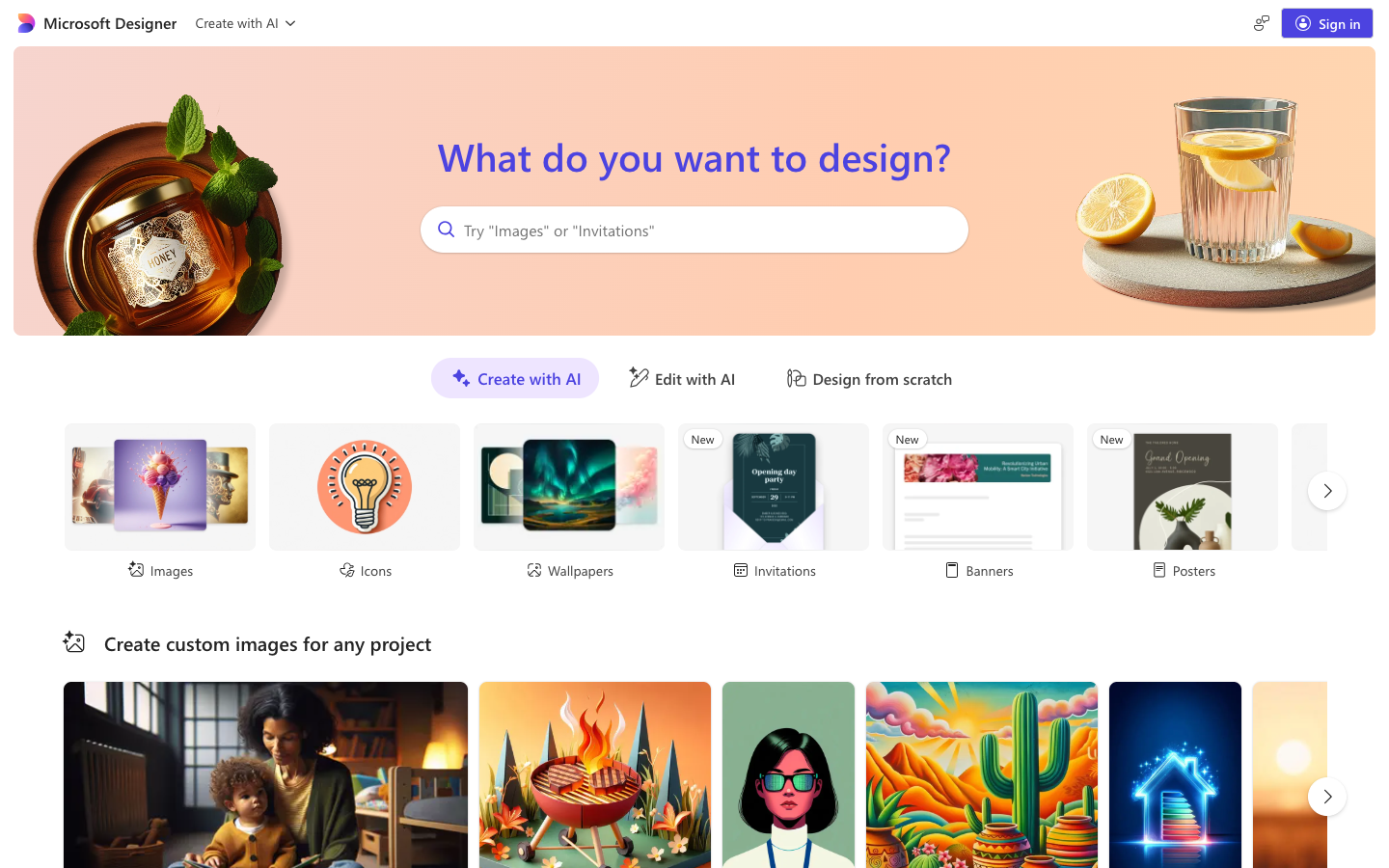 Microsoft Designer showing AI image generation with Copilot integration and design tools