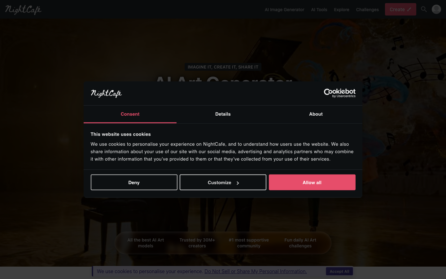 NightCafe Studio interface showing multiple AI model options and community challenge features