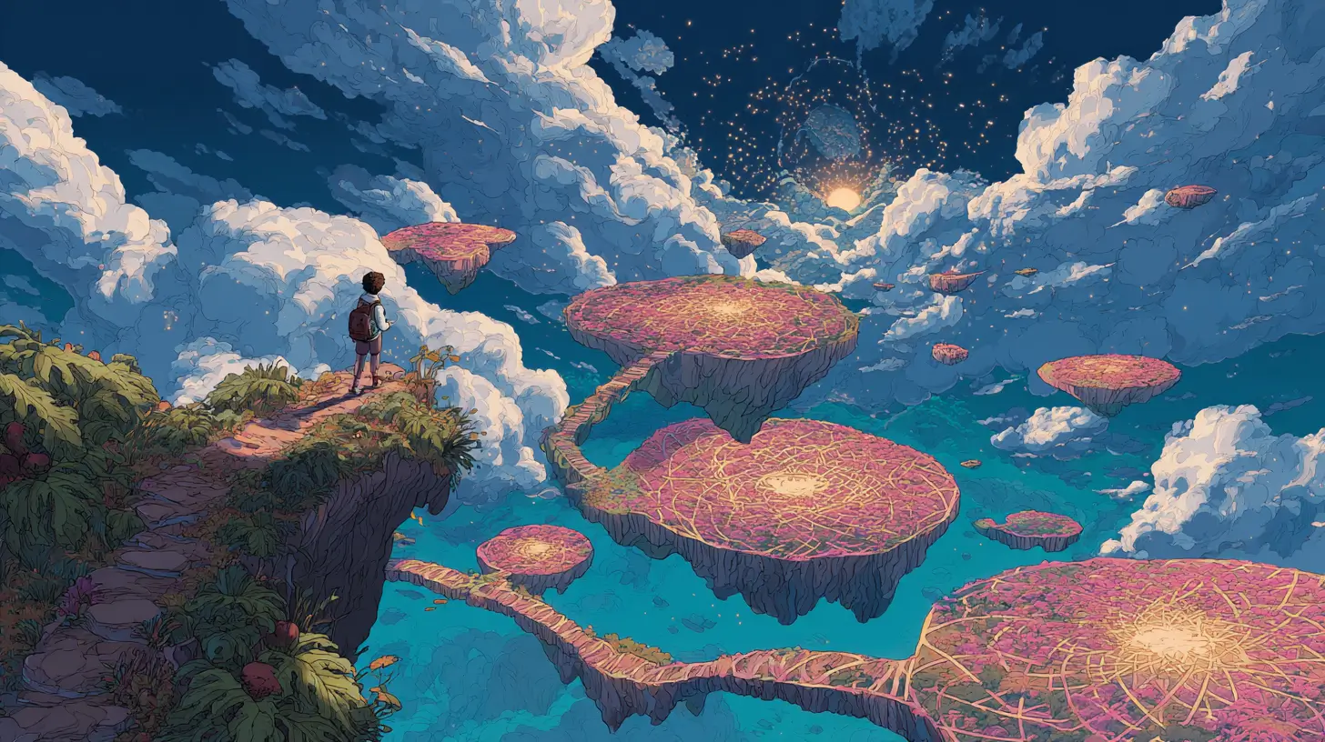 Studio Ghibli-style illustration of a small adventurer overlooking floating islands connected by glowing golden threads on a sunny day