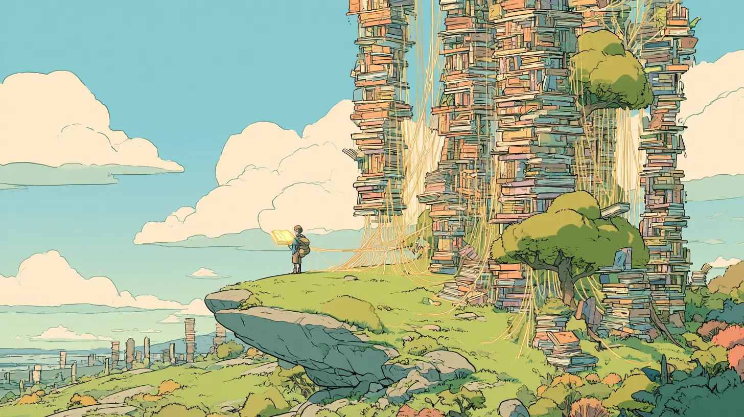 AI knowledge base tools illustrated as an adventurer with a glowing book before towering archives of knowledge
