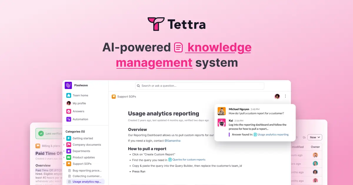 Tettra AI knowledge base tool with Slack-native AI bot answering internal team questions