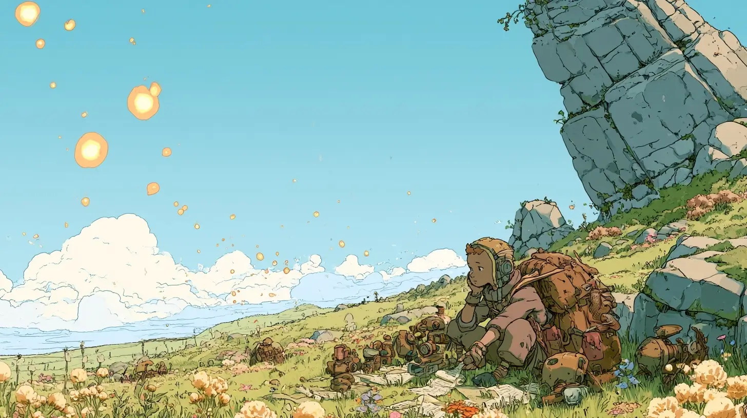 AI productivity tools - illustrated adventurer in a meadow surrounded by glowing orbs and mechanical companions