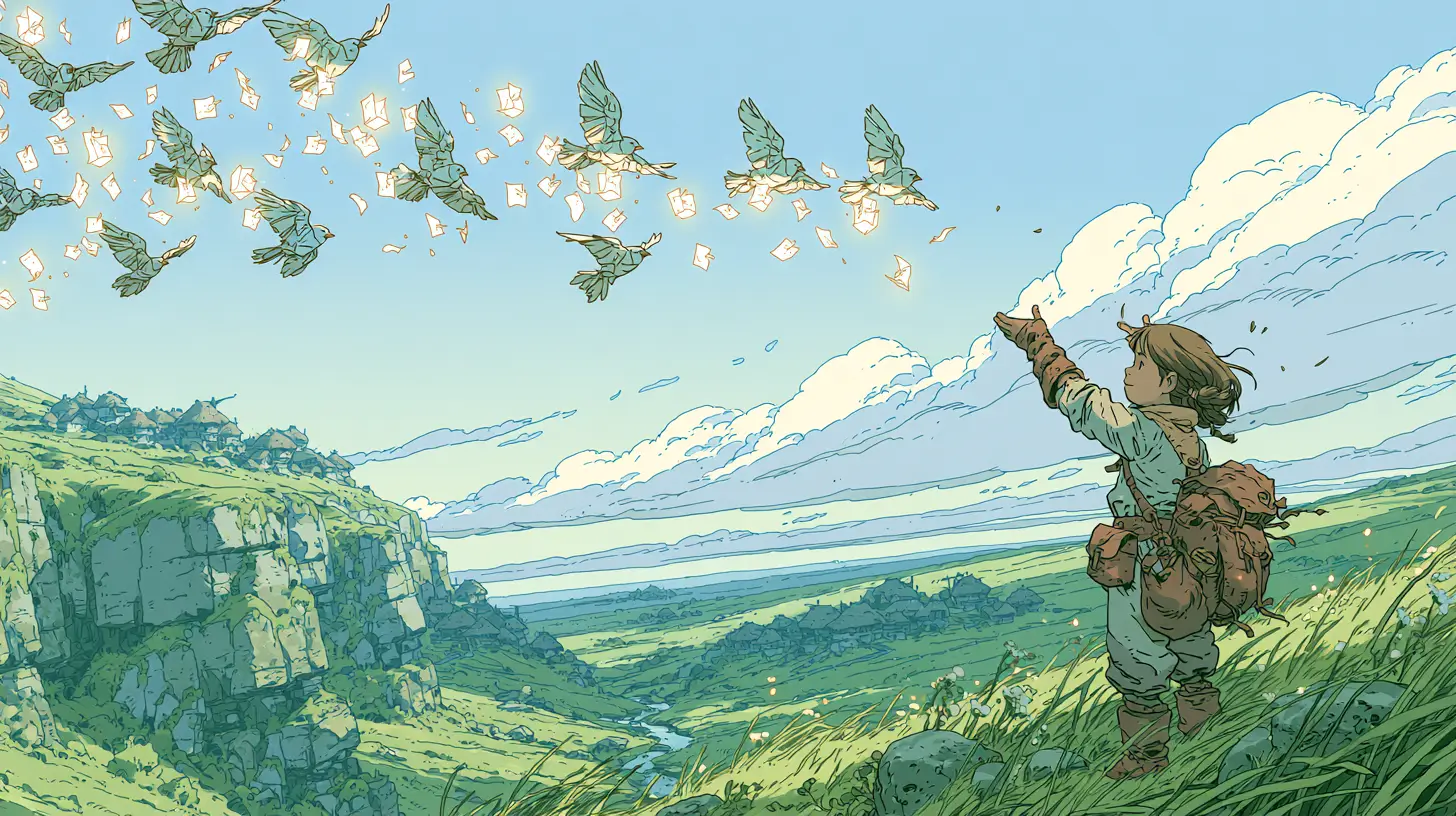 Moebius/Ghibli-style illustration of a small adventurer releasing a flock of glowing paper birds carrying letters across a valley toward distant villages — a metaphor for AI sales agents doing outreach at scale