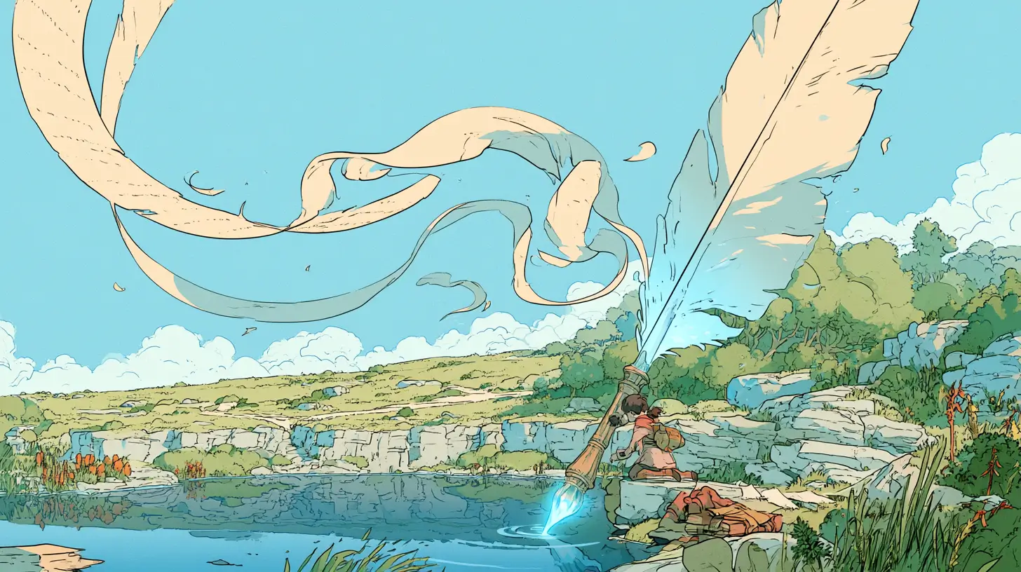Illustrated adventurer dipping an oversized glowing quill into a pool while ribbons of ink unfurl into pages — a metaphor for choosing the right AI writing tools