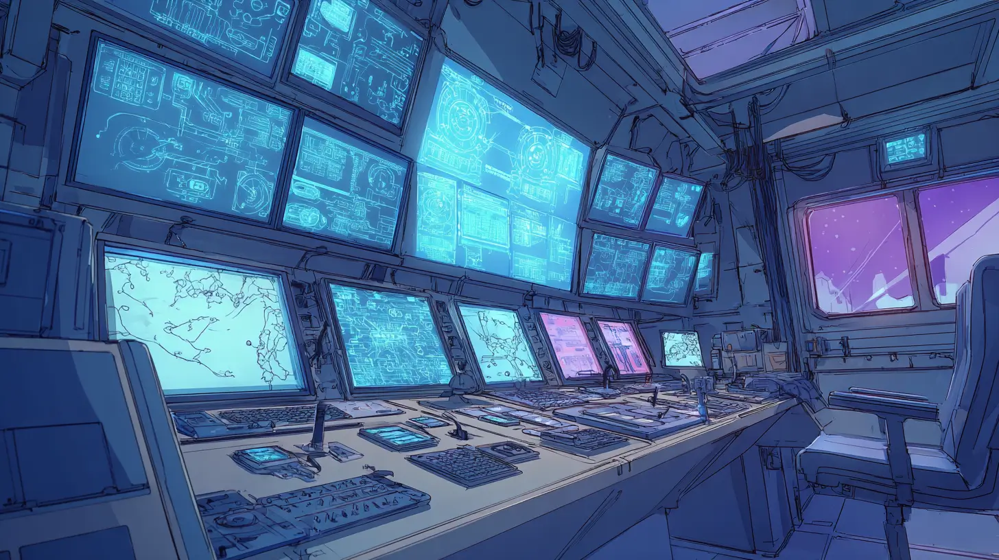 Futuristic control room with holographic workflow diagrams and glowing data streams showing automation processes