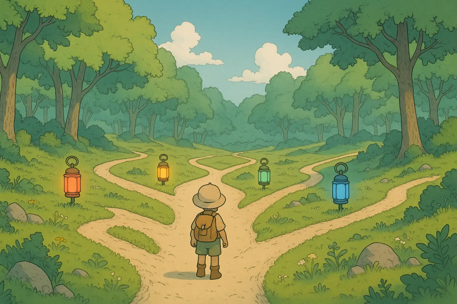 Illustration of a small adventurer standing at a crossroads with many glowing paths through a forest, each lit by different colored lanterns, in Moebius studio Ghibli style