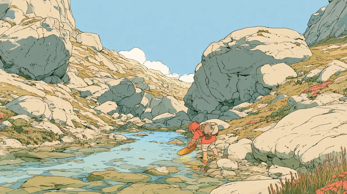 Making money with AI illustrated as an adventurer panning glowing golden light from a clear mountain stream