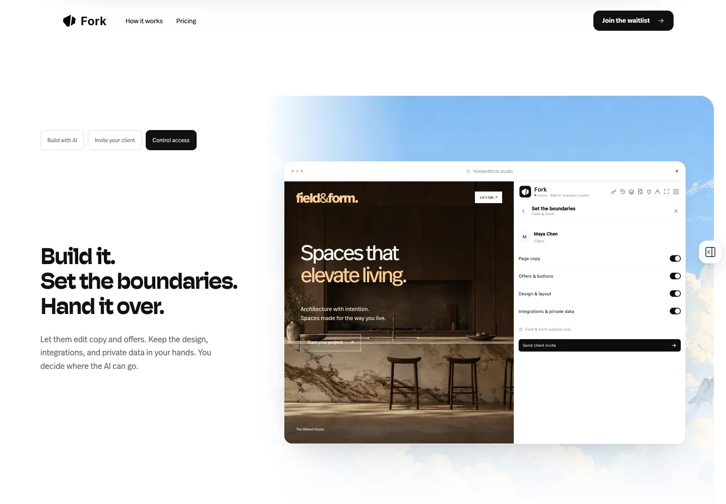 Fork public product demonstration showing client editing access categories beside a website preview
