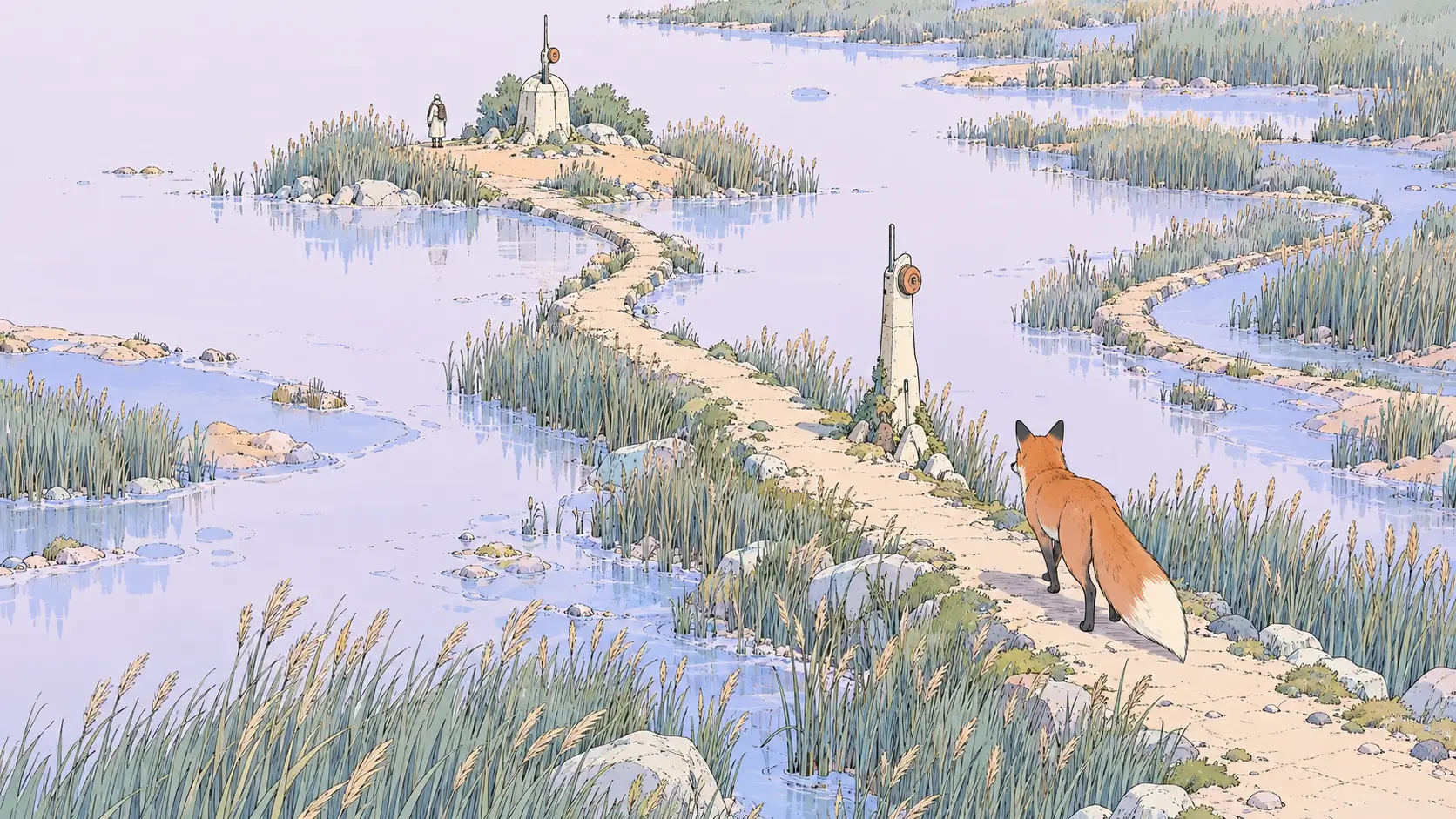 Voiceflow alternatives: a fox chooses a dry causeway through branching pastel marsh channels