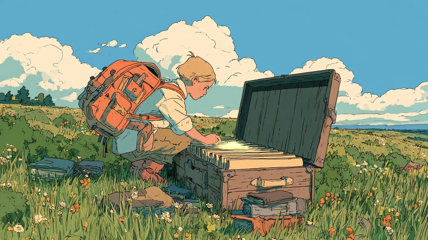 AI agent skills illustrated - an adventurer selecting one glowing scroll from a row of scrolls in an open field case