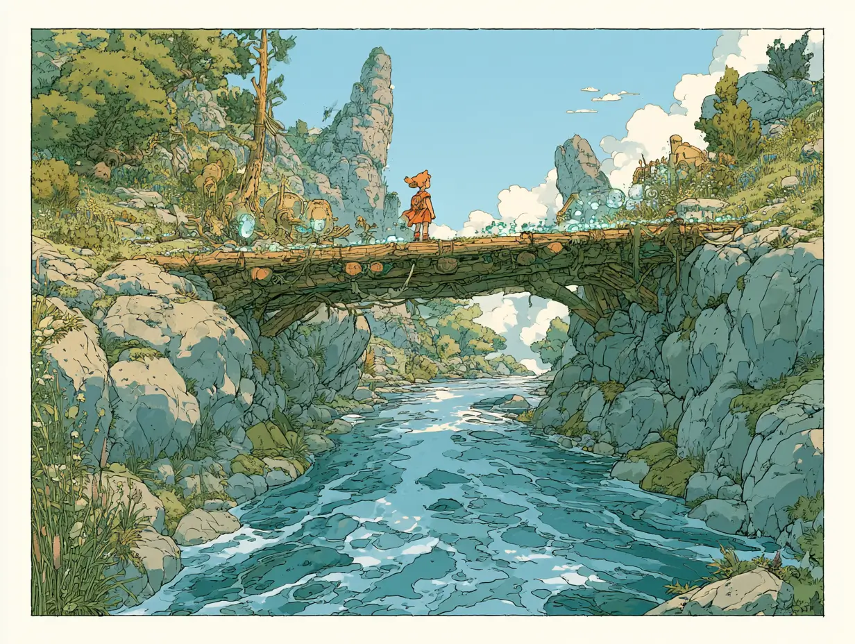What are AI agents - illustrated small adventurer watching glowing constructs build a bridge across a flowing river in a sunny Ghibli-style nature landscape