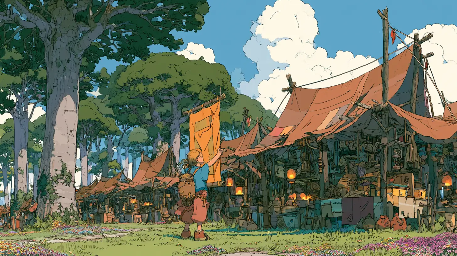 Illustration of a small adventurer hanging their own banner on glowing market stalls in a sunny meadow, Ghibli style — white-label AI tools for agencies