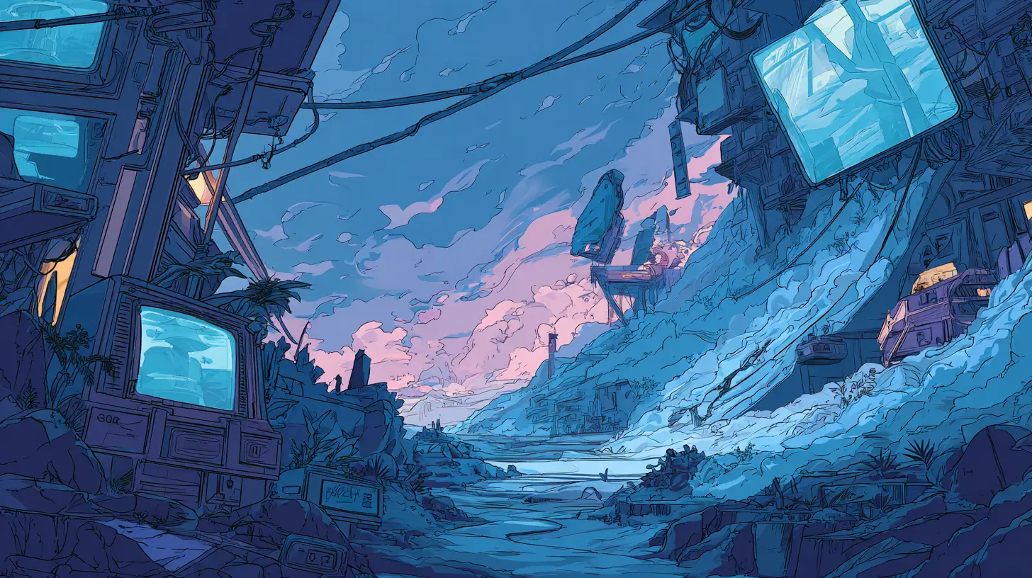 Futuristic landscape illustration with floating holographic video screens and neon blue purple light — representing AI video generation tools in 2026