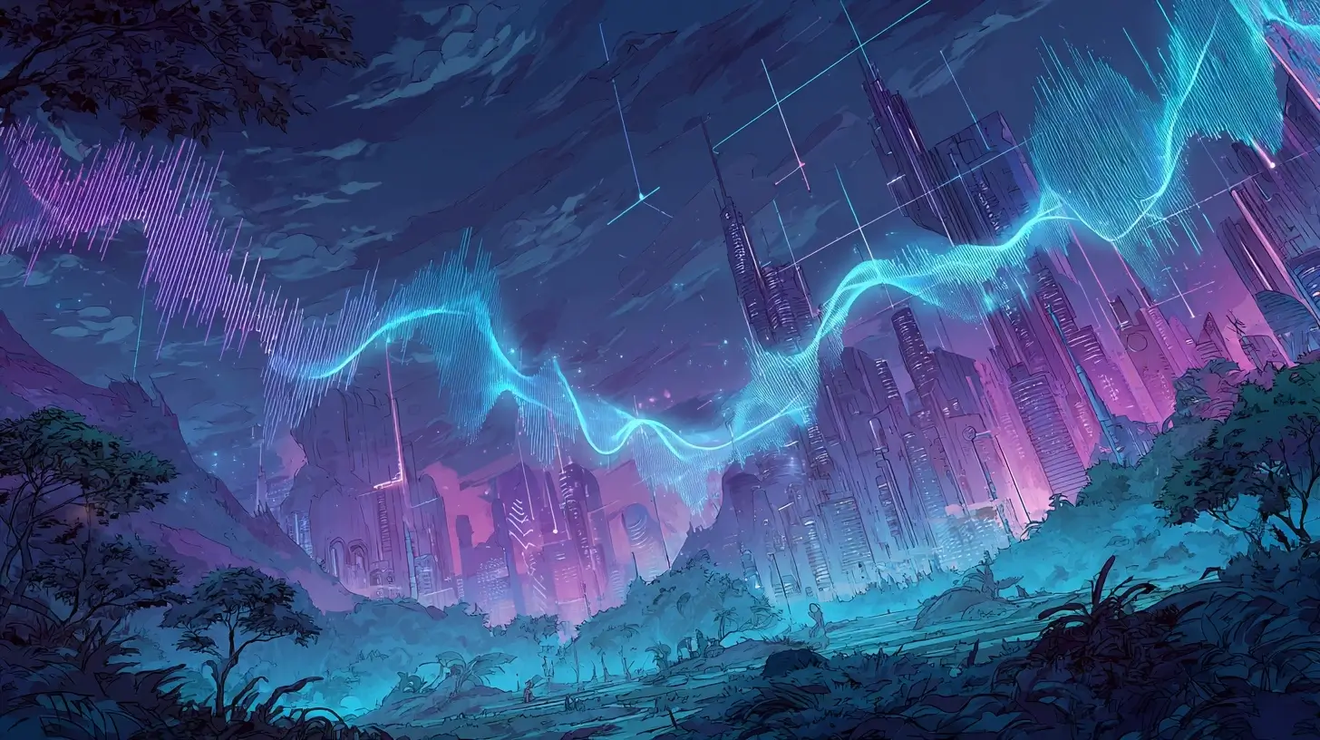 Futuristic landscape illustration with neon blue and purple sound waves and voice waveforms emanating from AI towers — representing AI voice agent platforms in 2026