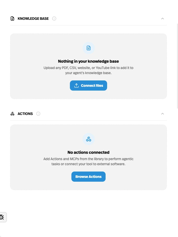Knowledge Base and Actions sections on the main Build page