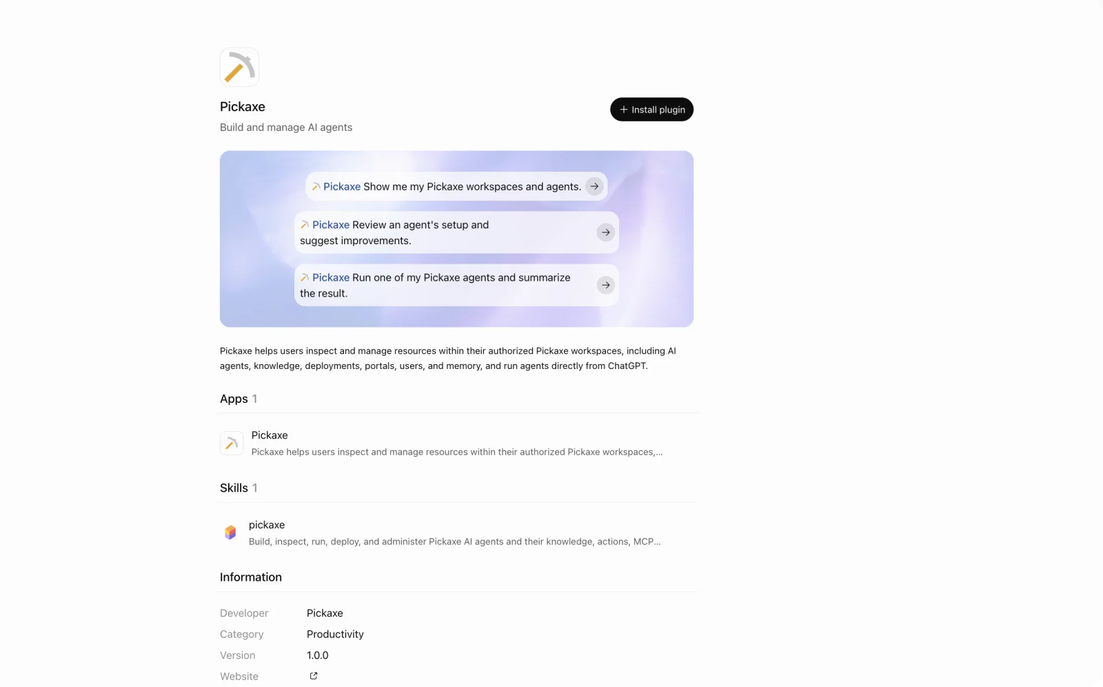 The Pickaxe plugin listing in ChatGPT with the Install plugin button and example prompts