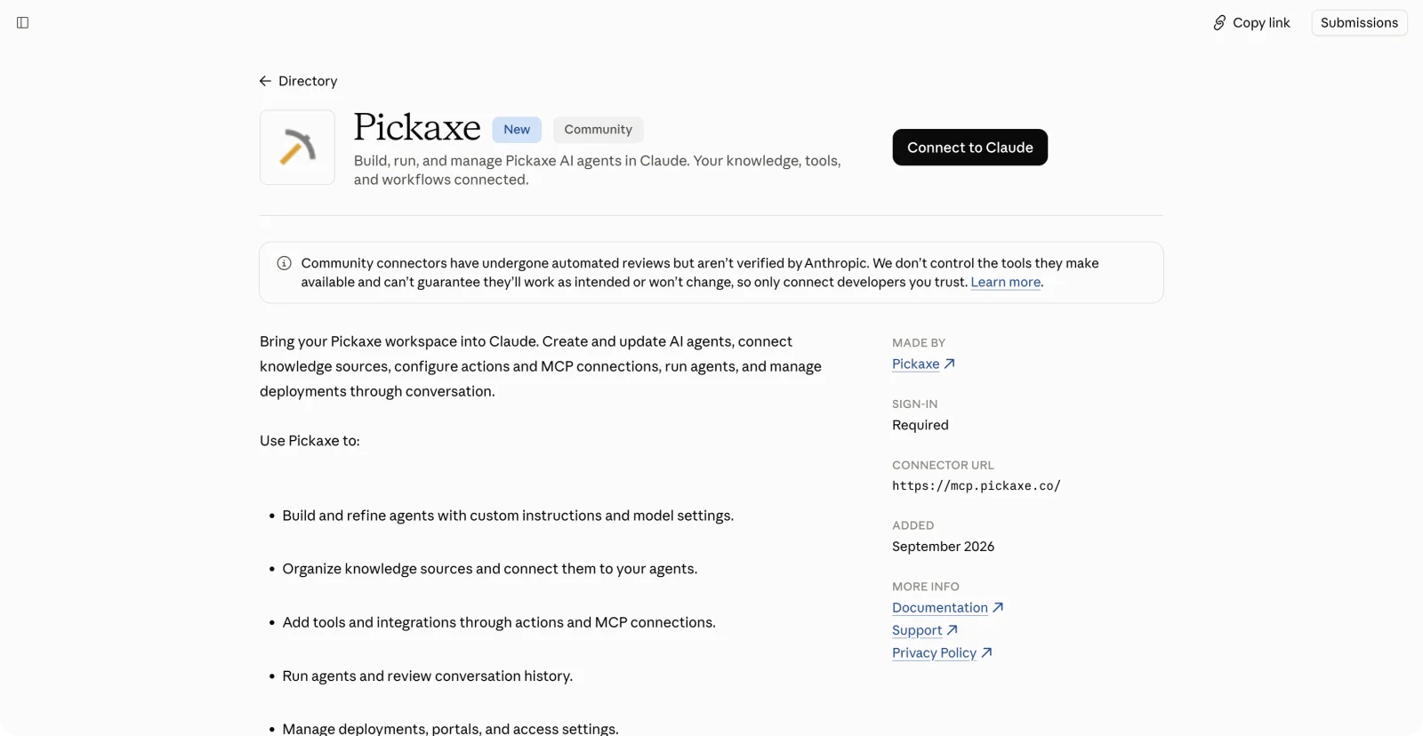 The Pickaxe community connector listing in Claude with the Connect to Claude button