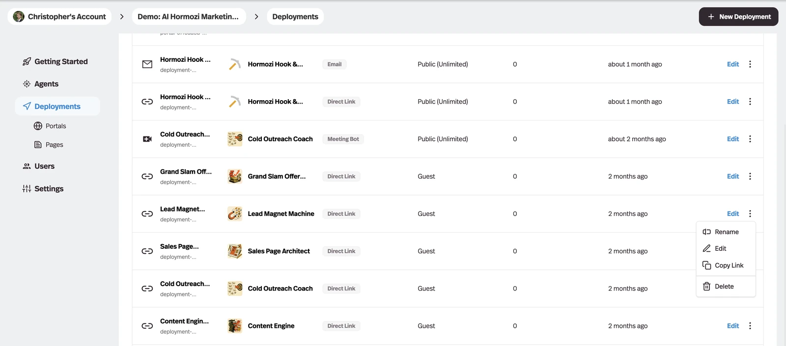 Manage a deployment without opening it