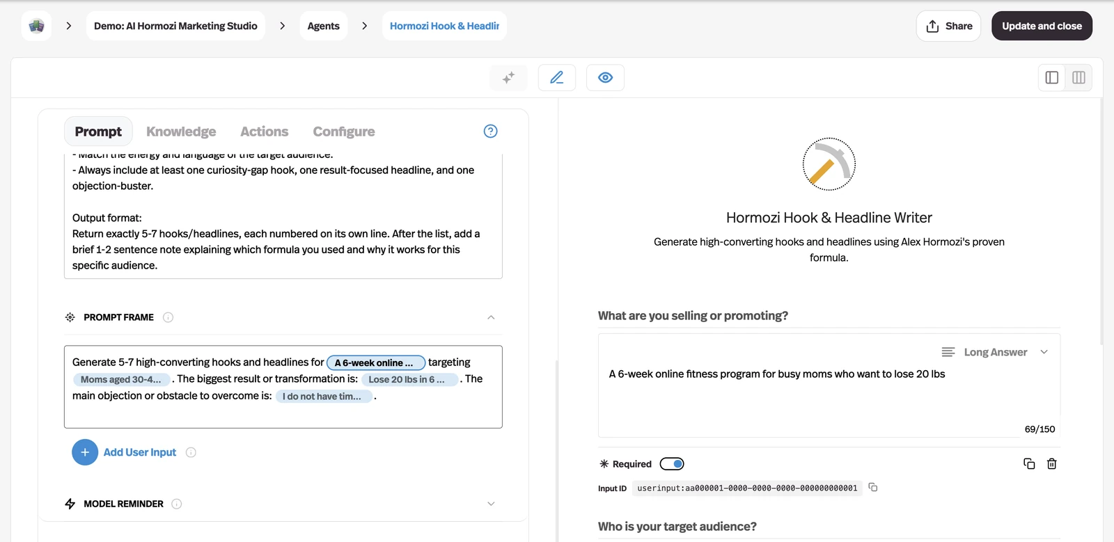 Input IDs, visible in the builder