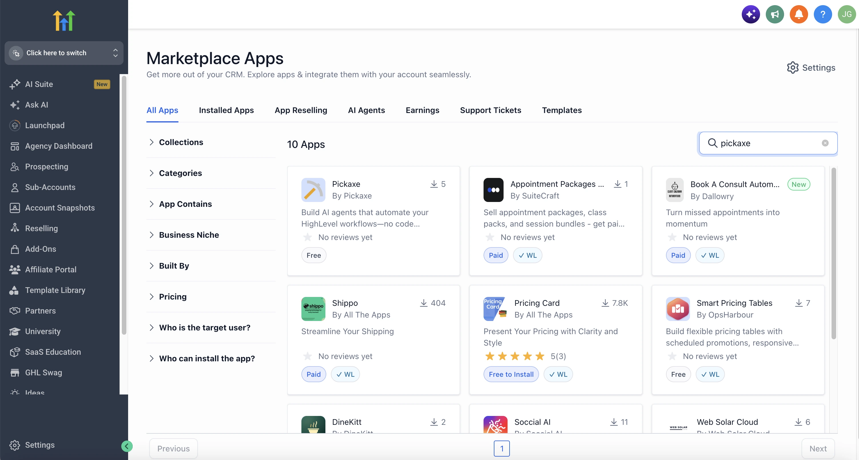 HighLevel Marketplace Apps with Pickaxe visible in the search results