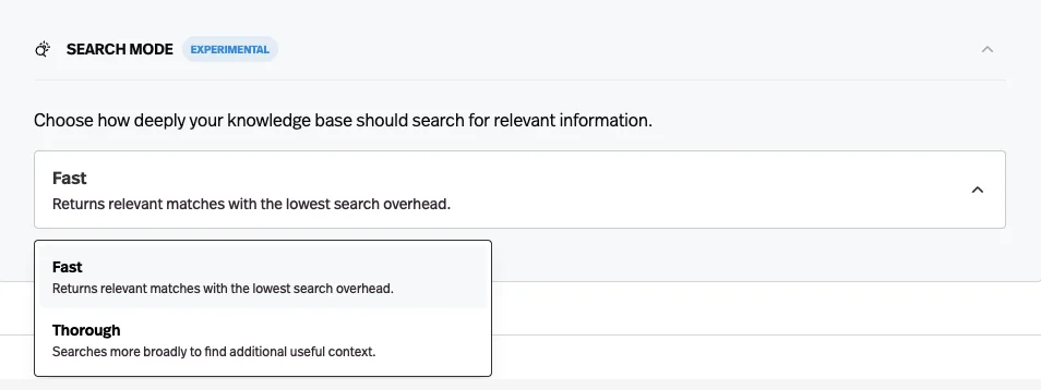 Fast and thorough knowledge base search modes