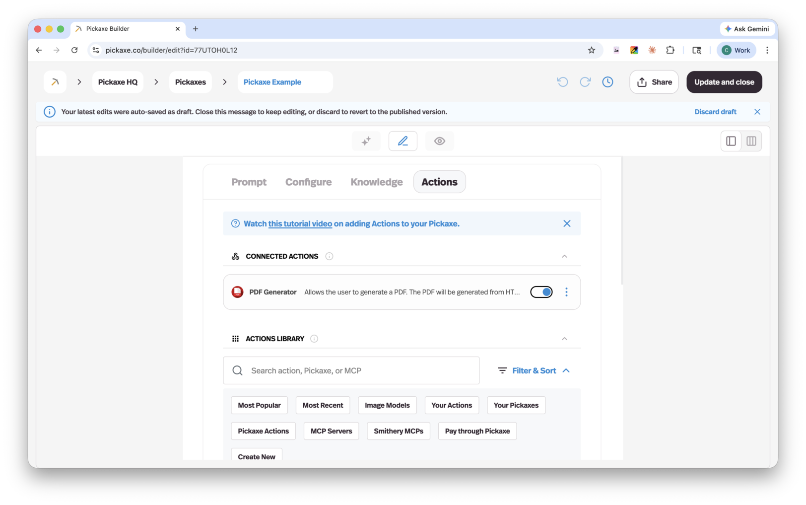 Pickaxe Builder - Actions Tab