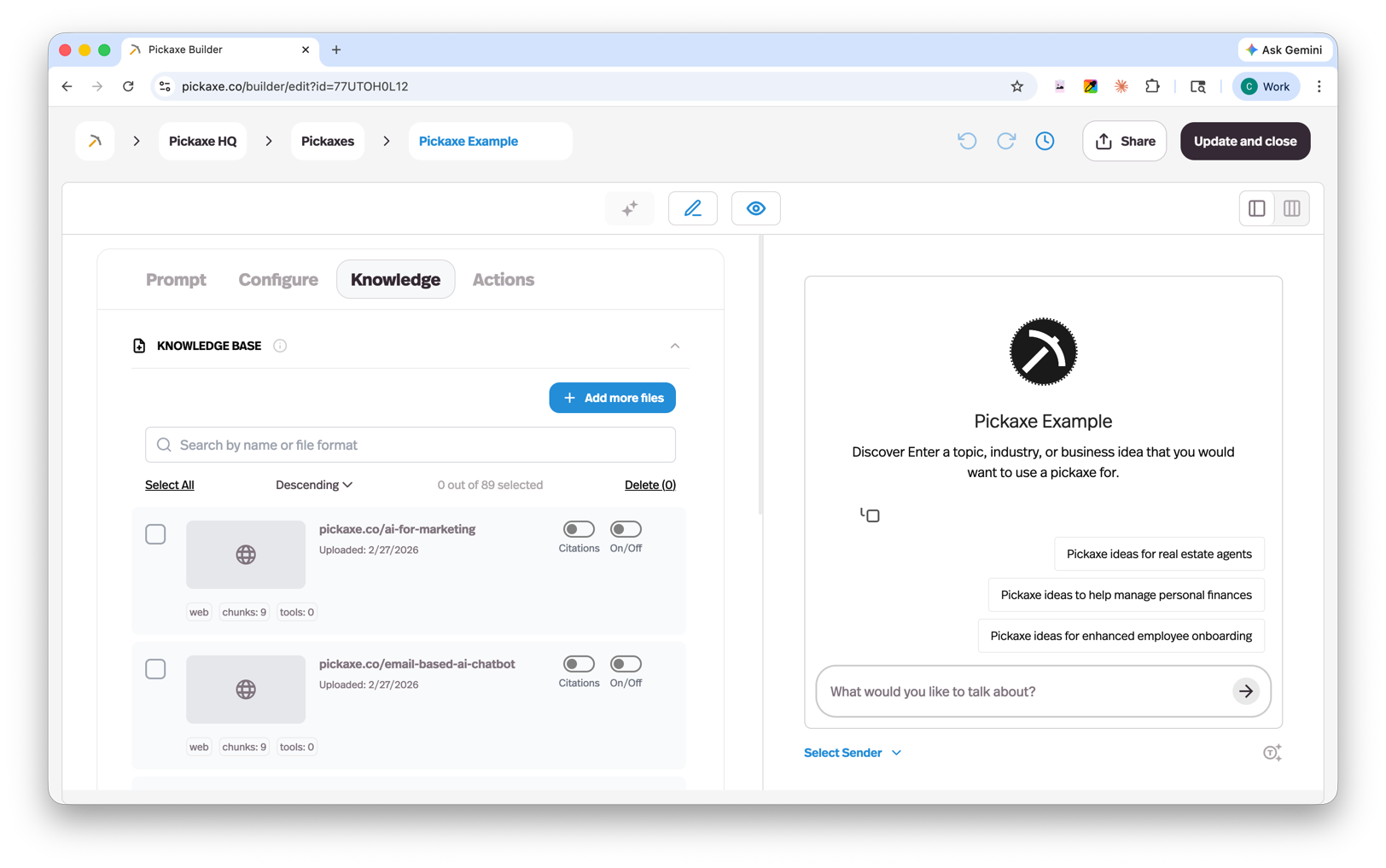 Agent Builder - Knowledge Tab