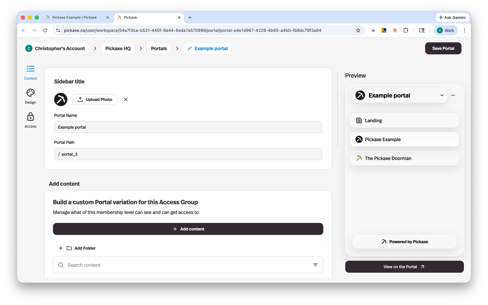 Portal Editor - Content Tab